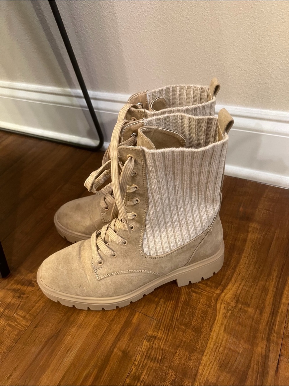 Esprit Beige Knit-Panel Lace-Up Combat Boots